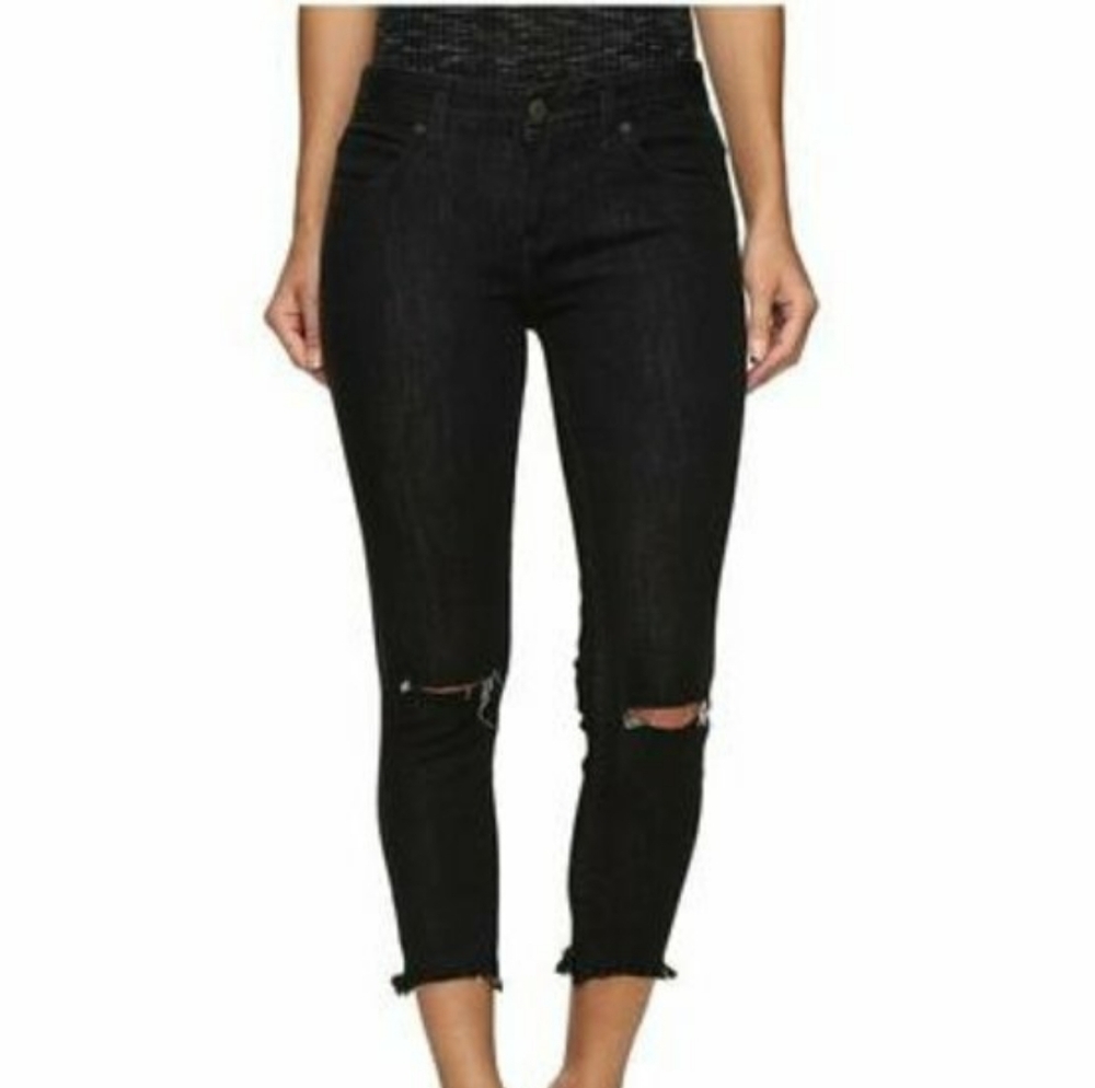 Free People Skinny‎ Crop Fray Distress Black Jeans